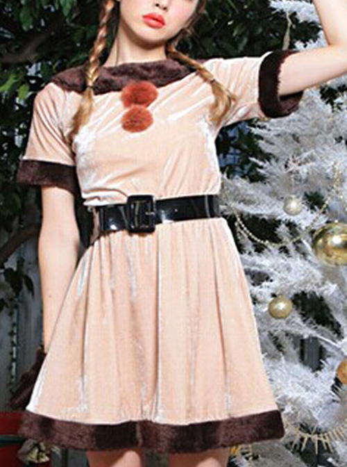 Cute Reindeer Headband Brown Plush Edge Beige Short Sleeve Dress Set Christmas Reindeer Modeling Costume Female