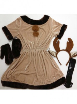 Cute Reindeer Headband Brown Plush Edge Beige Short Sleeve Dress Set Christmas Reindeer Modeling Costume Female