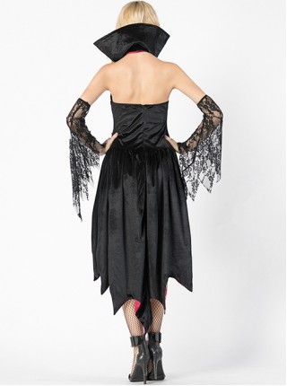 Black Red Sleeveless Stand Collar Bat Back Hem Lace Short Dress Set Halloween Witch Demon Vampire Costume Female