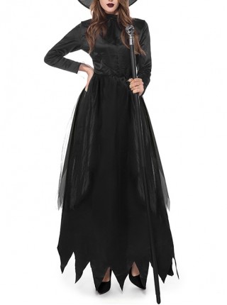 Black High Waist Long Sleeve Ankle Length Dress Halloween Demon Witch Vampire Costume Female