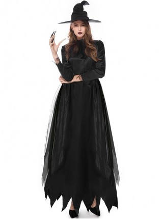 Black High Waist Long Sleeve Ankle Length Dress Halloween Demon Witch Vampire Costume Female