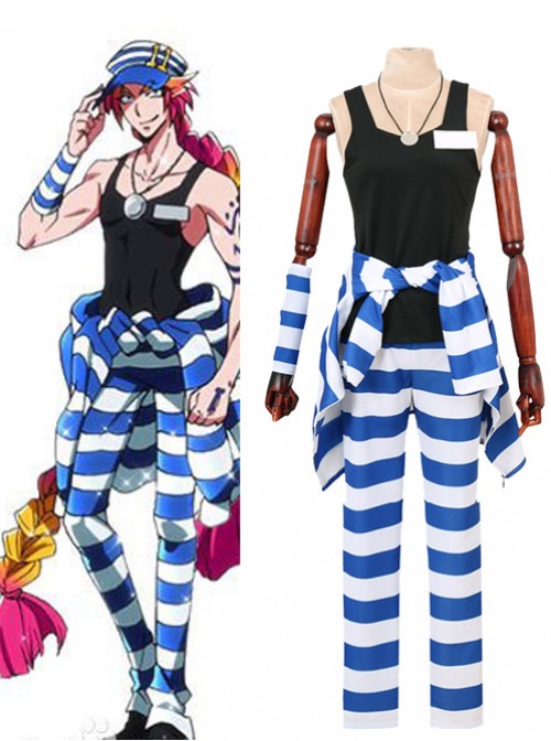 Nanbaka Uno Blue And White Striped Suit And Black Vest Cosplay Costume