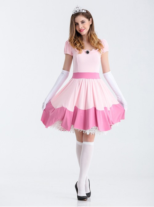 Super Mario Bros Princess Peach Adult Pink Dress Cosplay  Costume