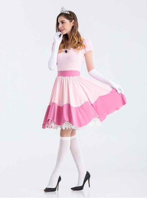 Super Mario Bros Princess Peach Adult Pink Dress Cosplay  Costume